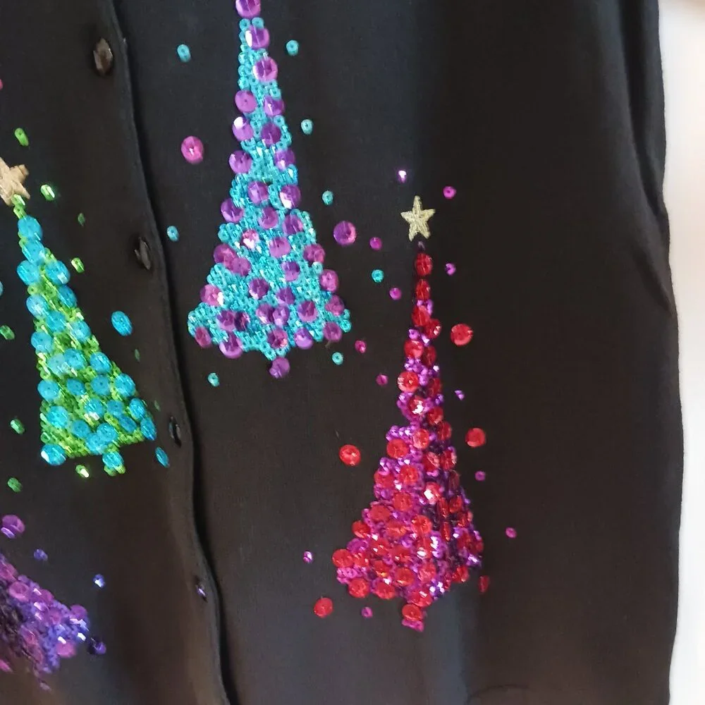 Quaker Factory NWOT Black Christmas Cardigan W/ Multi Color Sequins, Size Med.